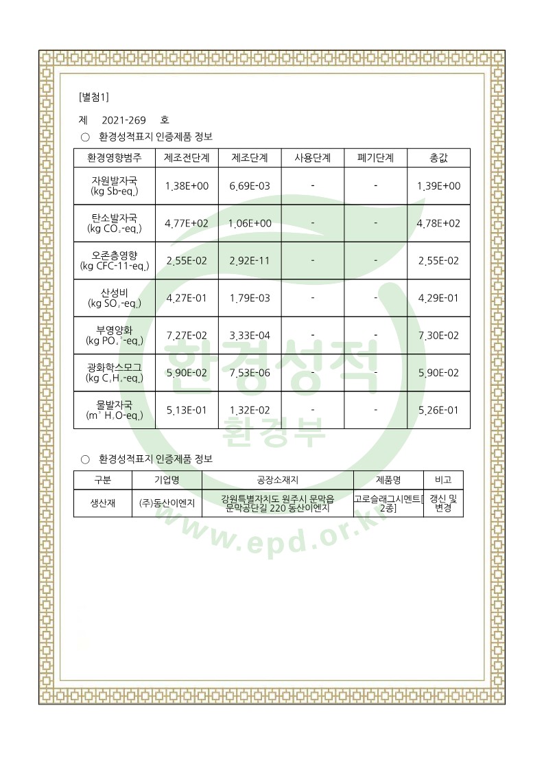 환경성적표지인증서-고로슬래그시멘트